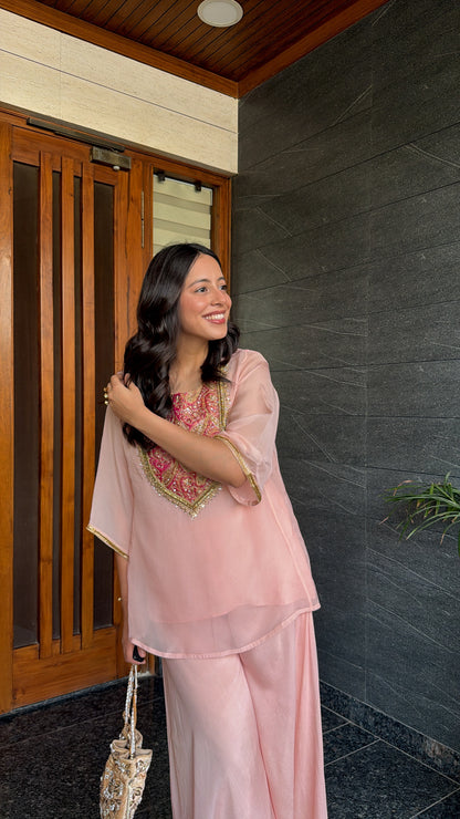 Pink Banarasi Detail Short Kurta and Plazzo Set - View 6 - PinkTree by Shrutika