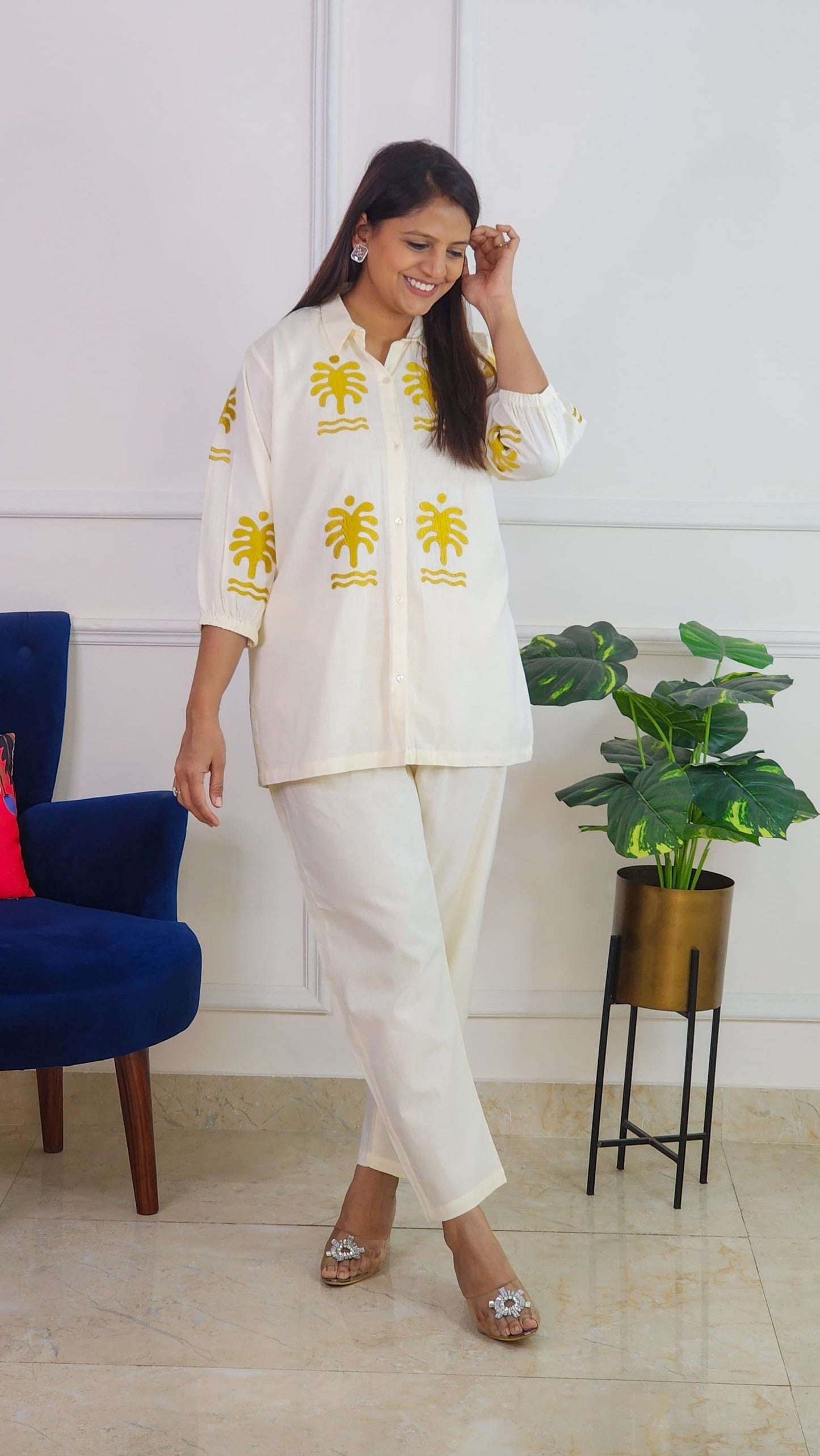 Palm Yellow Embroidery Co Ord Set