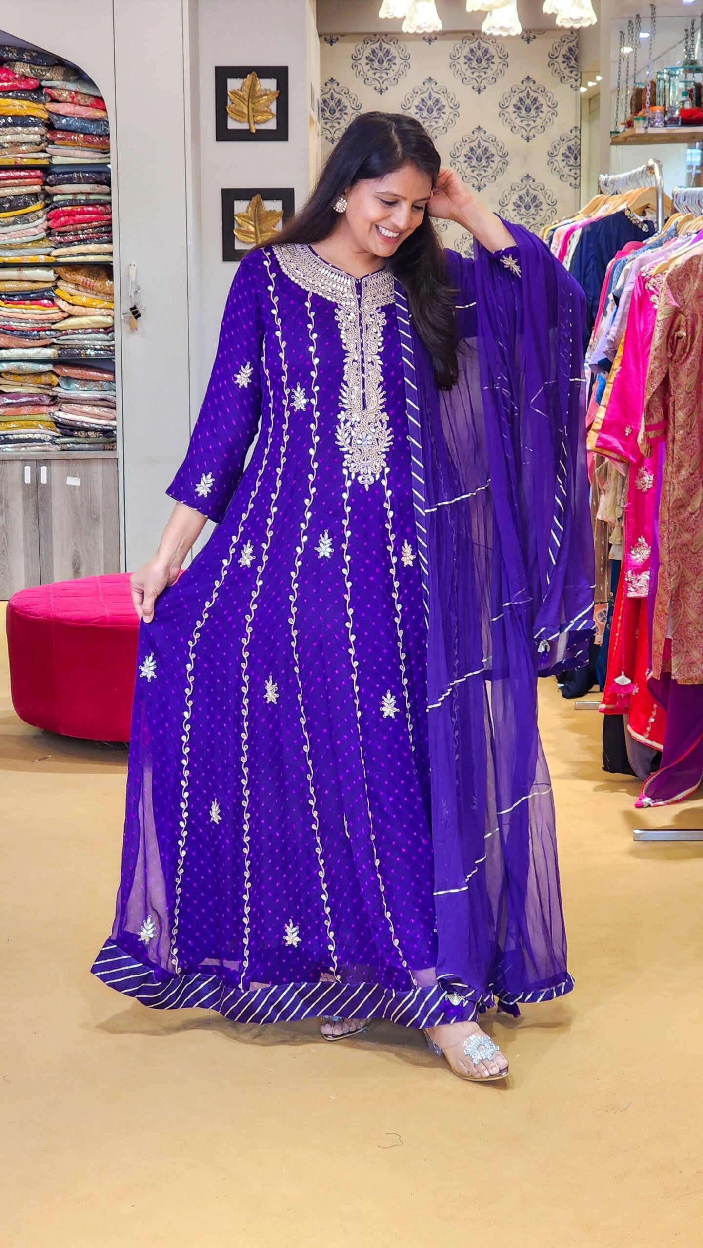 Purple Hand Mothra Anarkali Dress on Pure Georgette