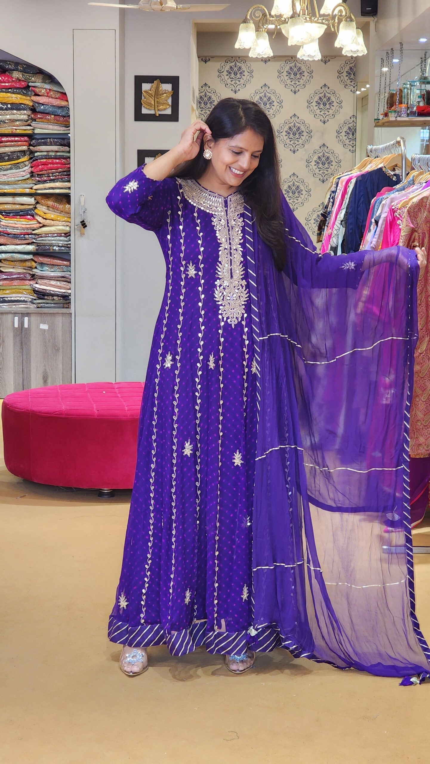 Purple Hand Mothra Anarkali Dress on Pure Georgette