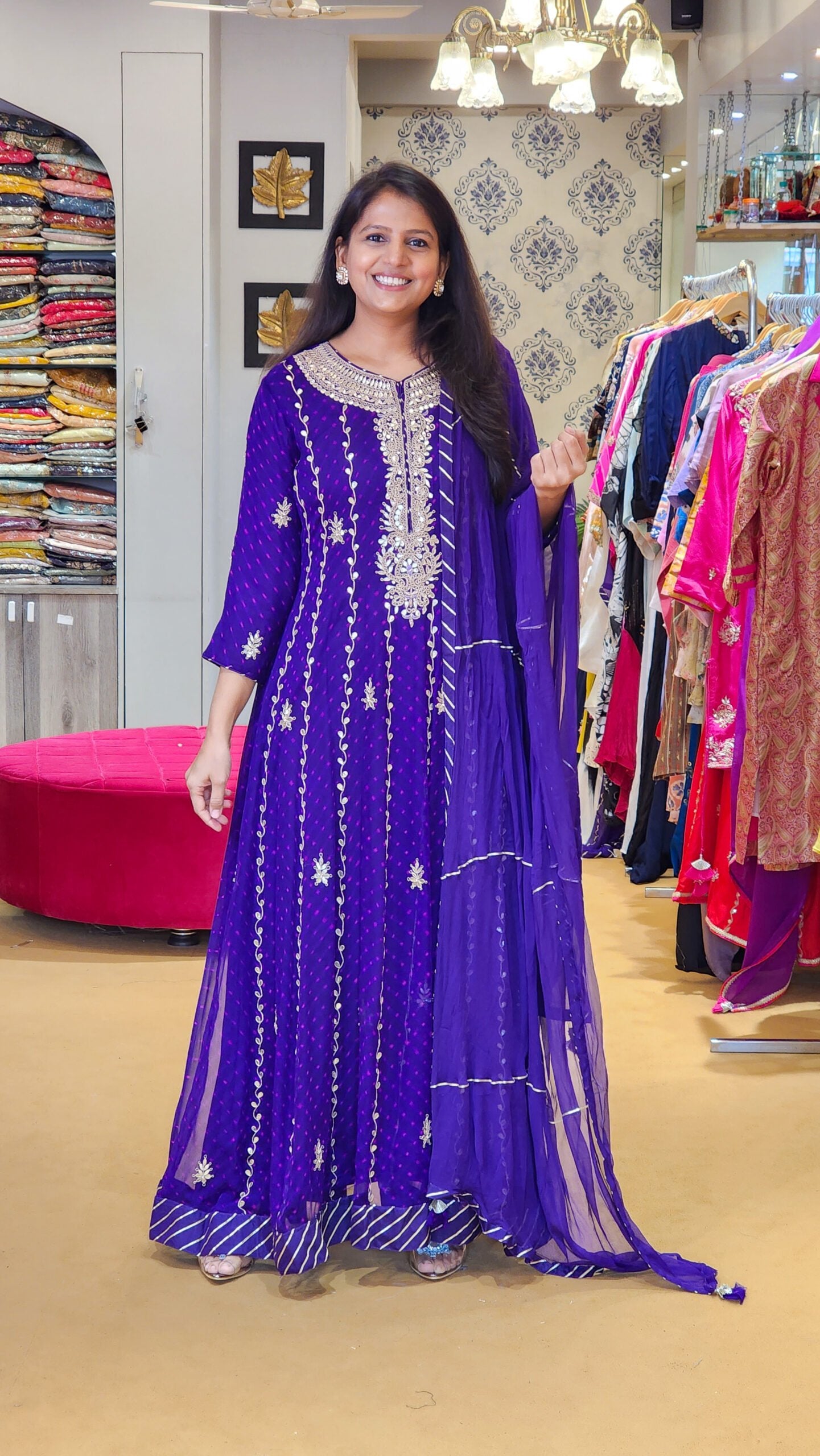 Purple Hand Mothra Anarkali Dress on Pure Georgette
