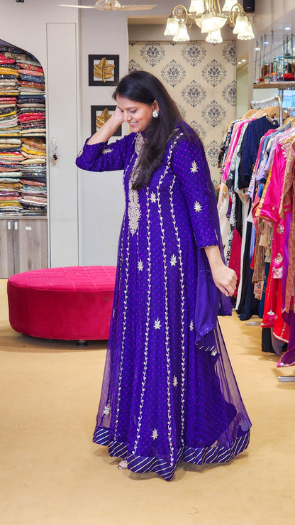 Purple Hand Mothra Anarkali Dress on Pure Georgette