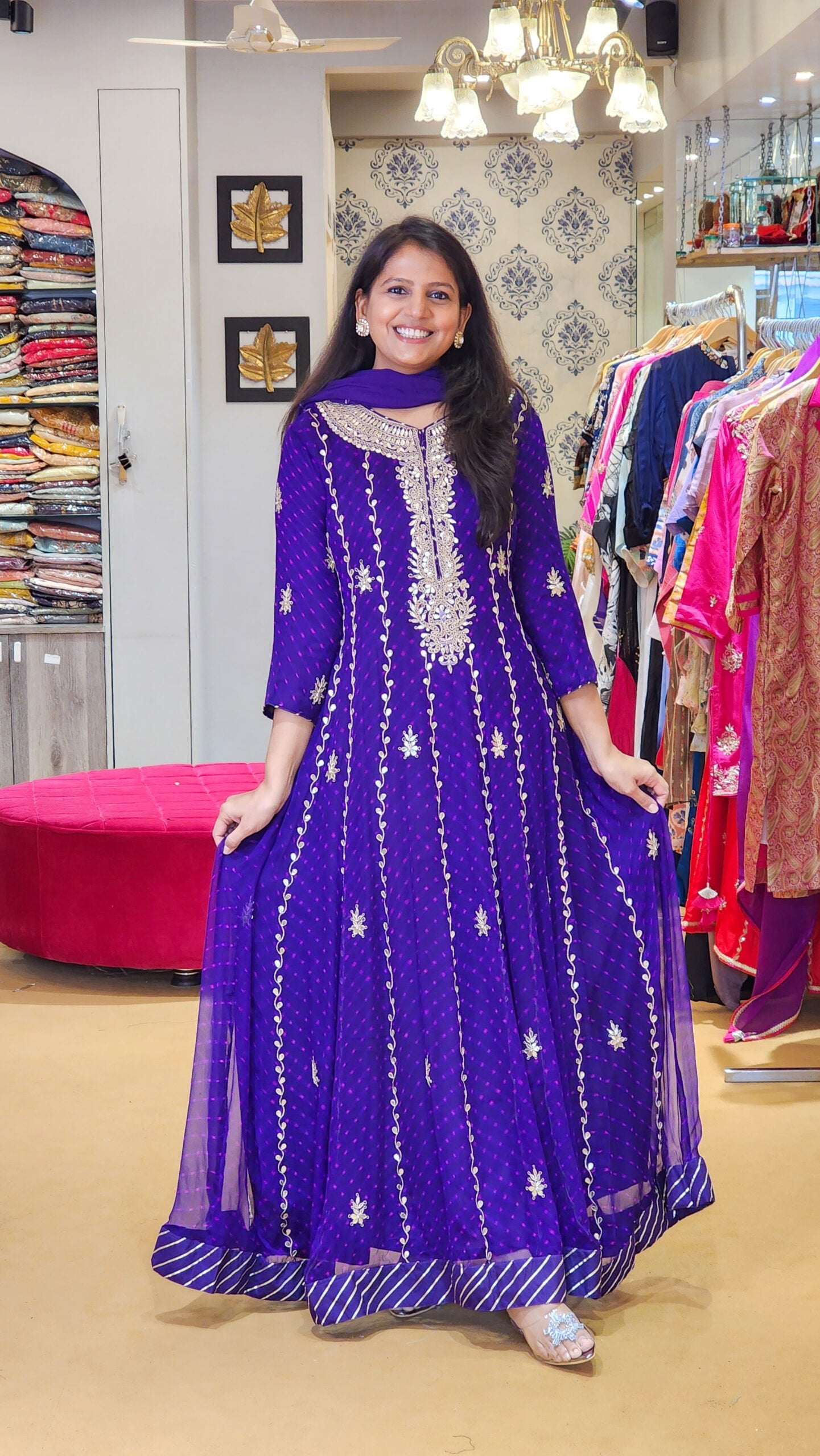 Purple Hand Mothra Anarkali Dress on Pure Georgette