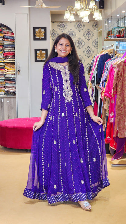 Purple Hand Mothra Anarkali Dress on Pure Georgette