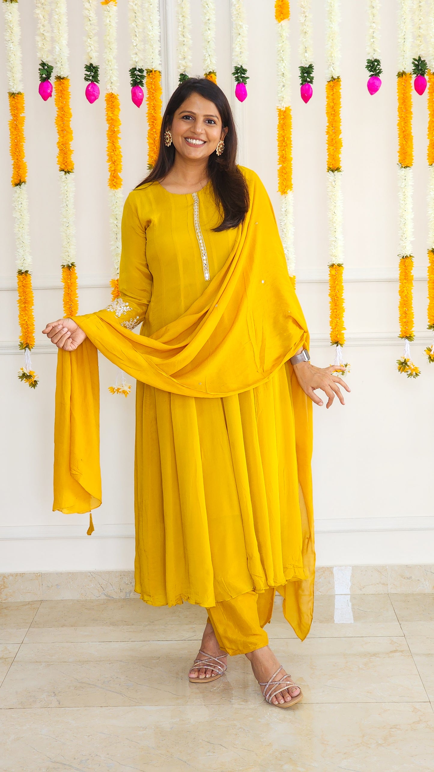 Yellow Chinnon Anarkali Set