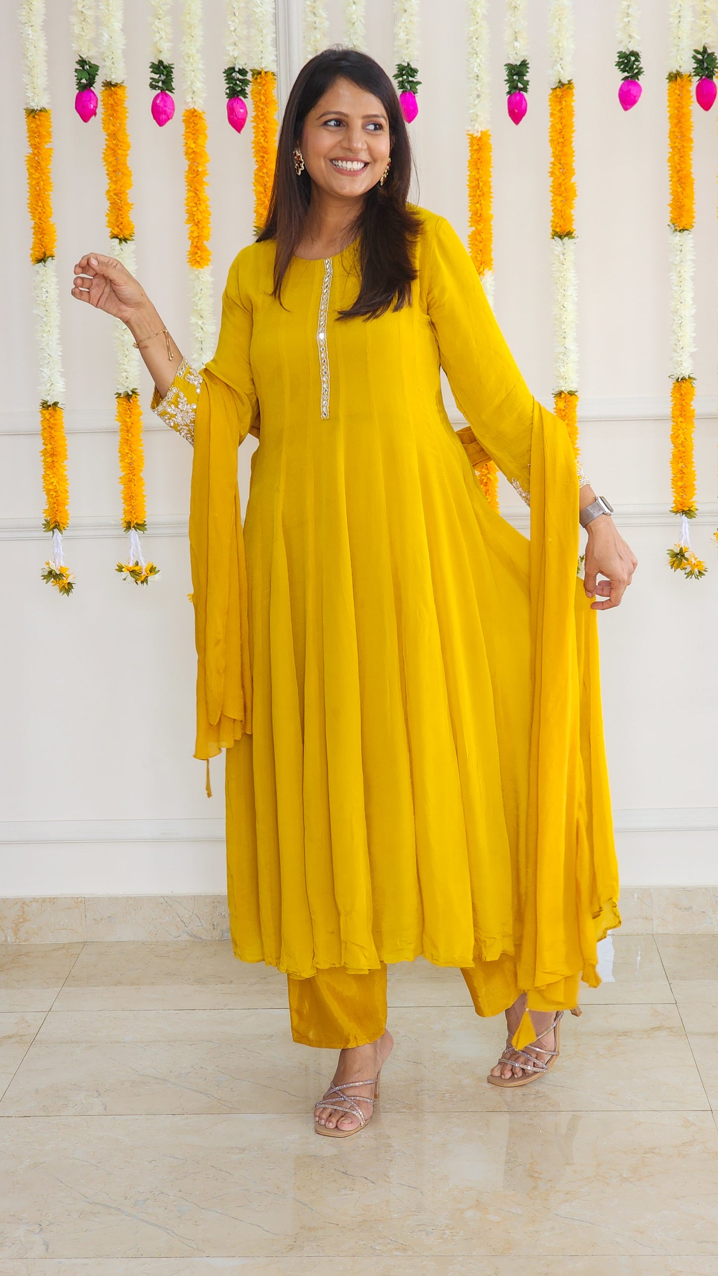 Yellow Chinnon Anarkali Set