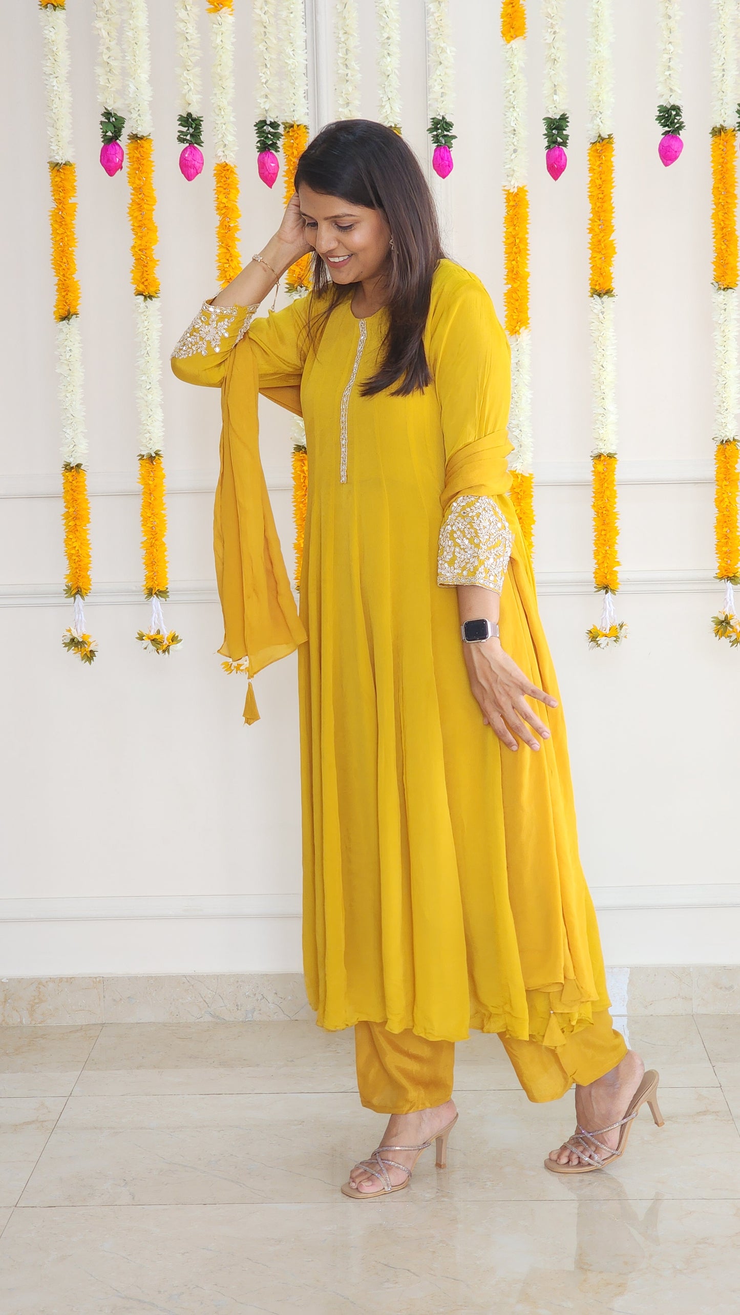 Yellow Chinnon Anarkali Set