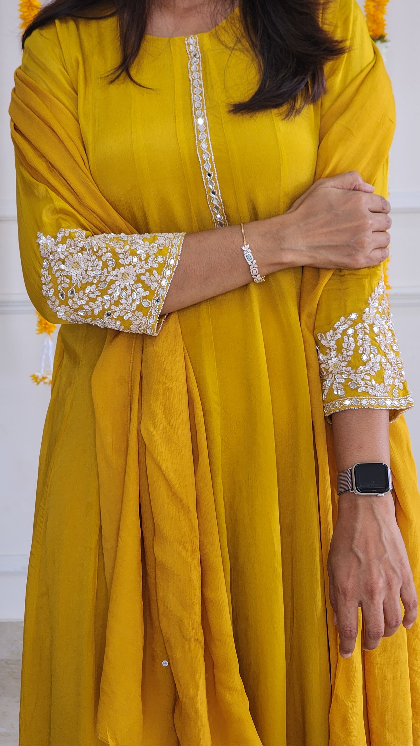 Yellow Chinnon Anarkali Set