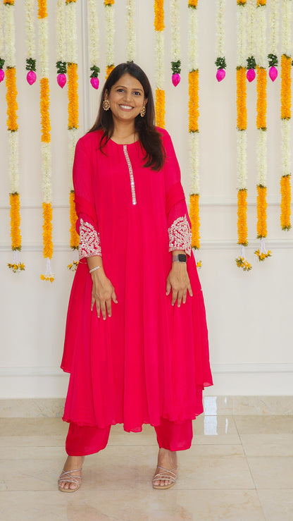 Rani Pink Chinnon Anarkali Set