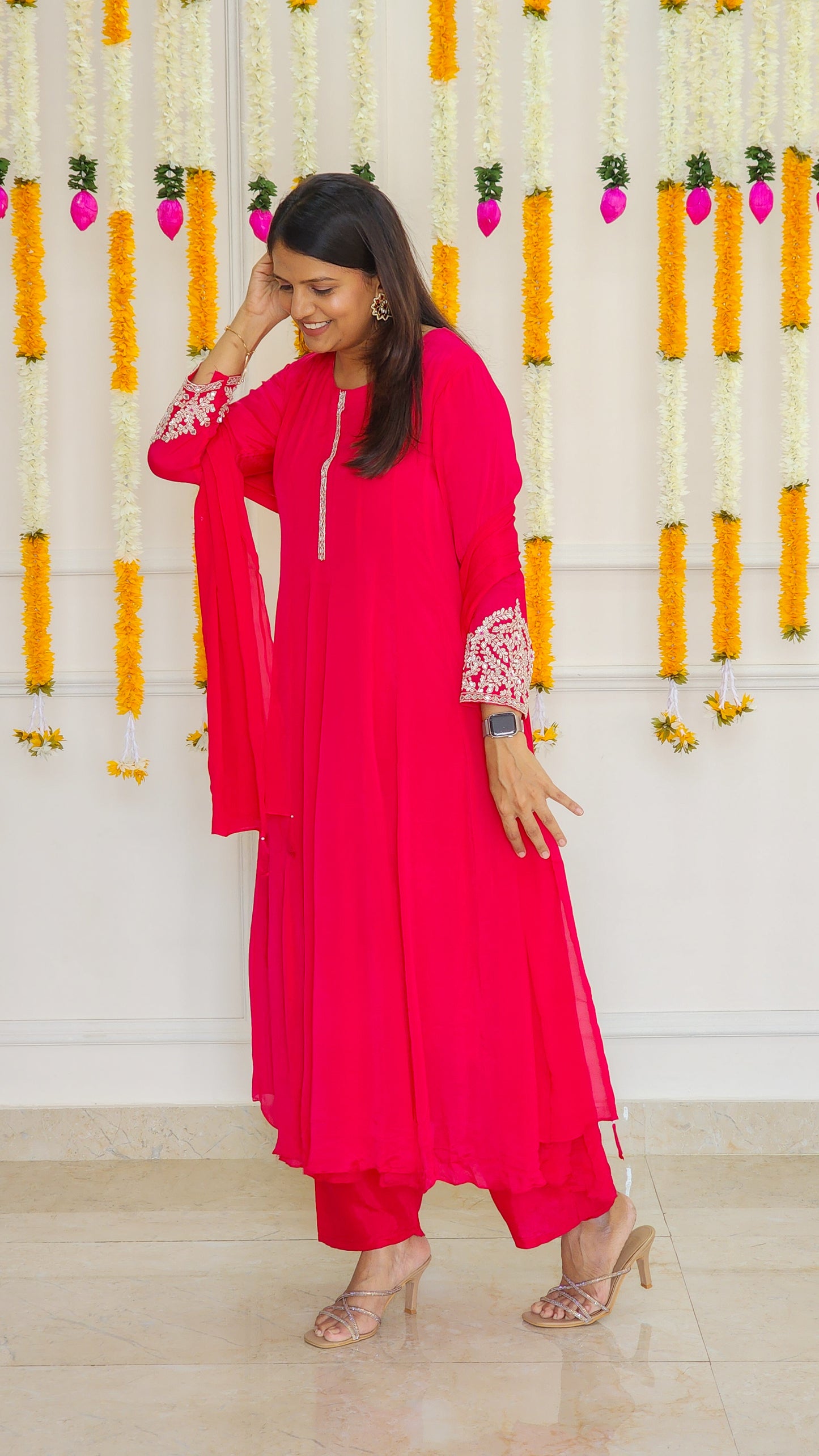 Rani Pink Chinnon Anarkali Set