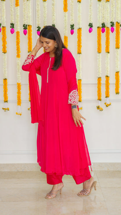Rani Pink Chinnon Anarkali Set