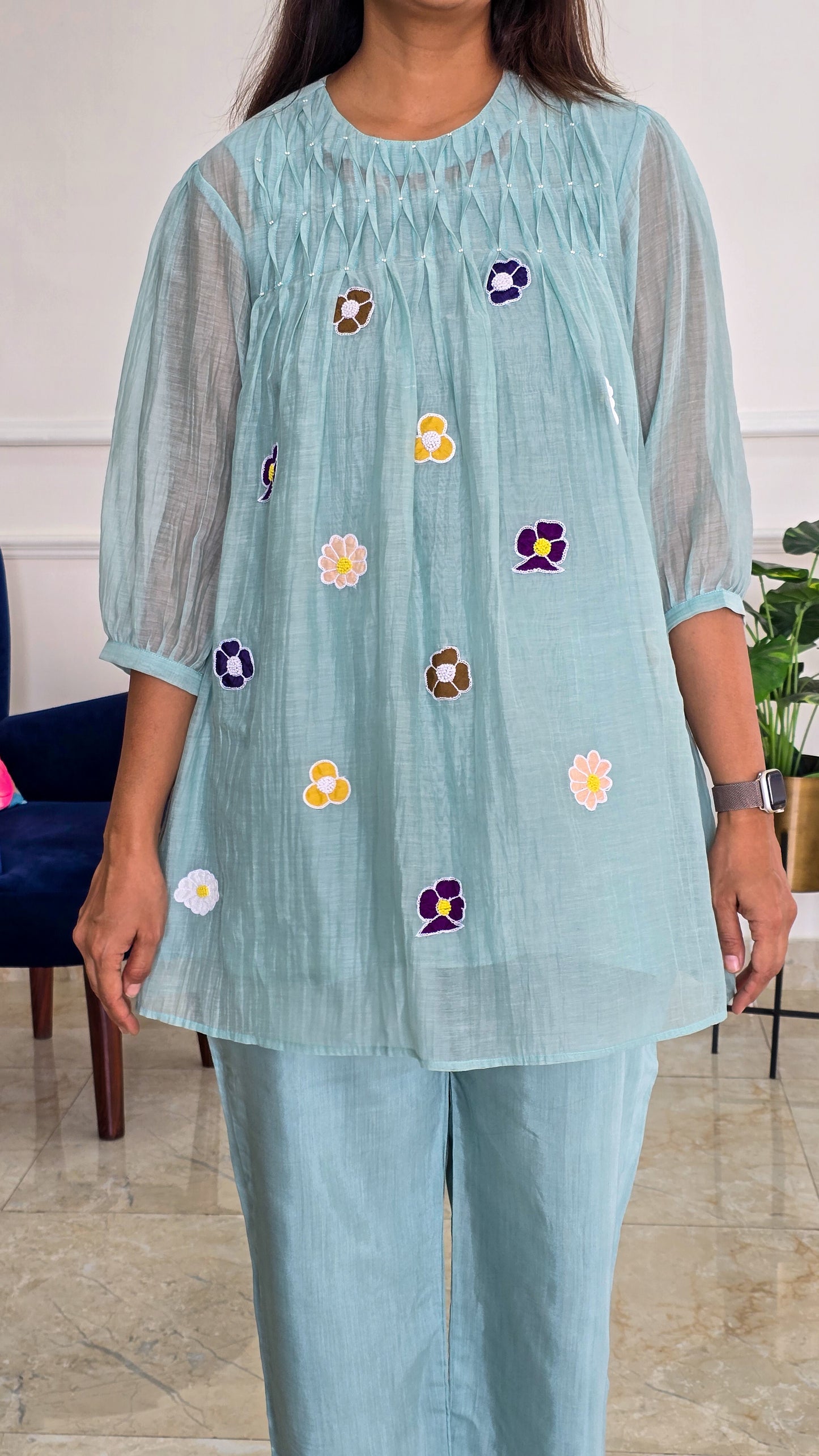 Aqua Blue Mul Chanderi Co Ord Set with Applique And Smock Detailing