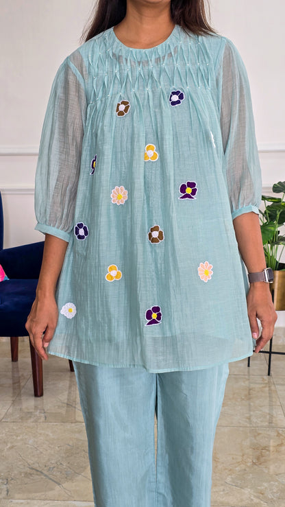 Aqua Blue Mul Chanderi Co Ord Set with Applique And Smock Detailing