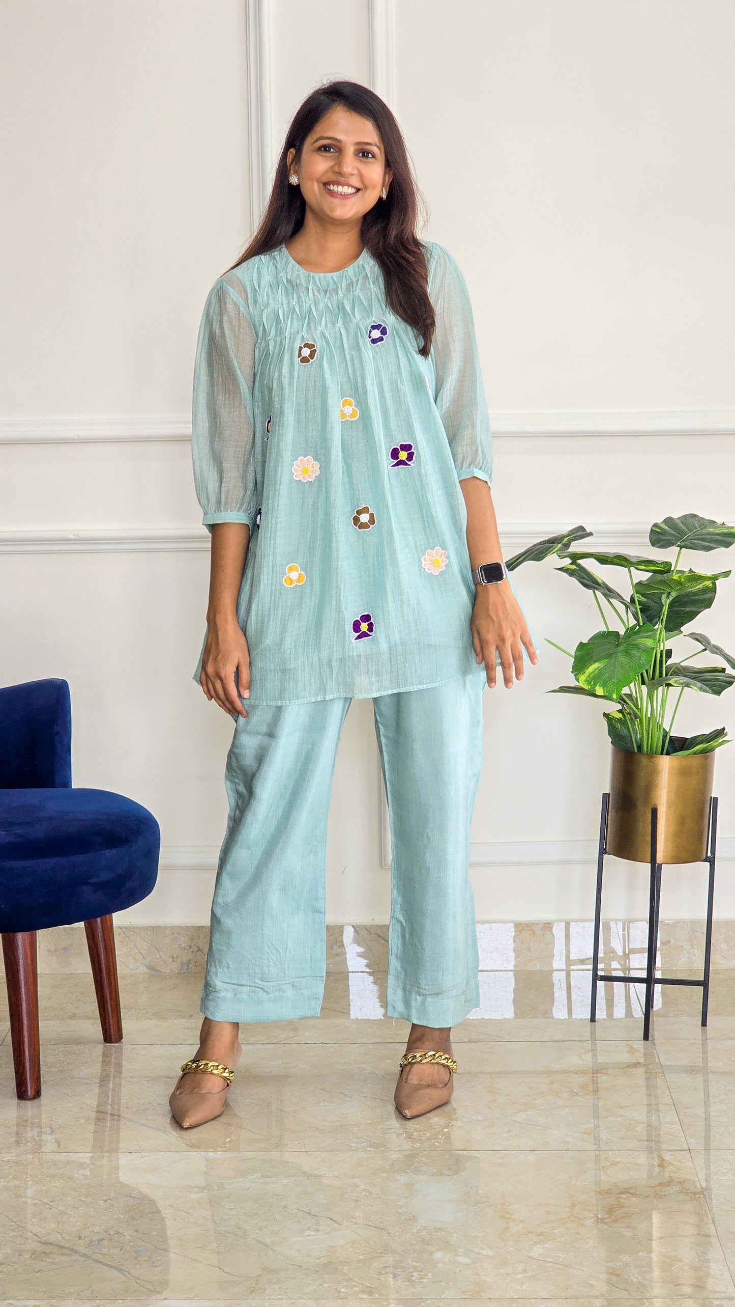 Aqua Blue Mul Chanderi Co Ord Set with Applique And Smock Detailing