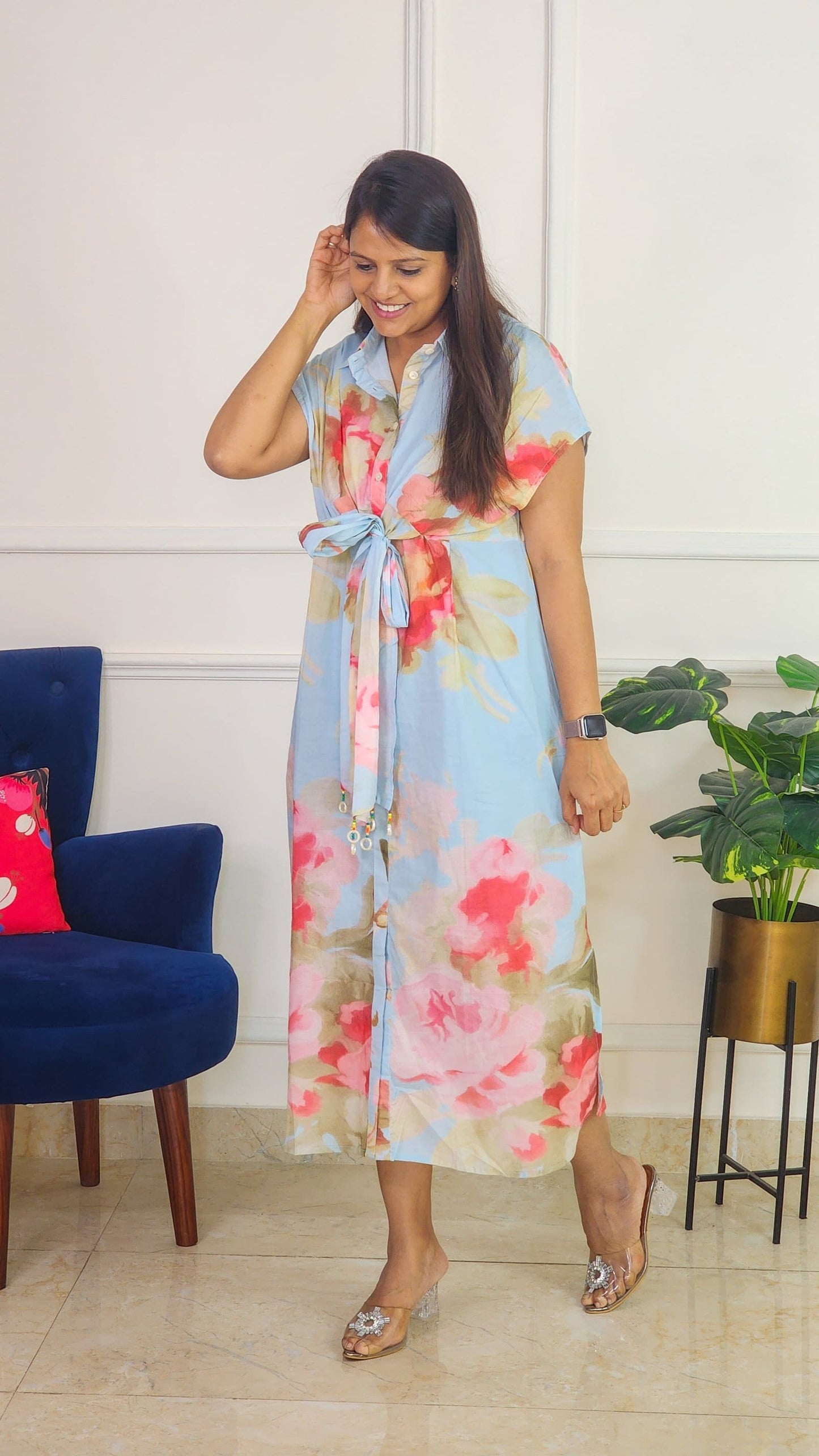 Sky Blue Floral Dress with Centre Tie-up Detailing