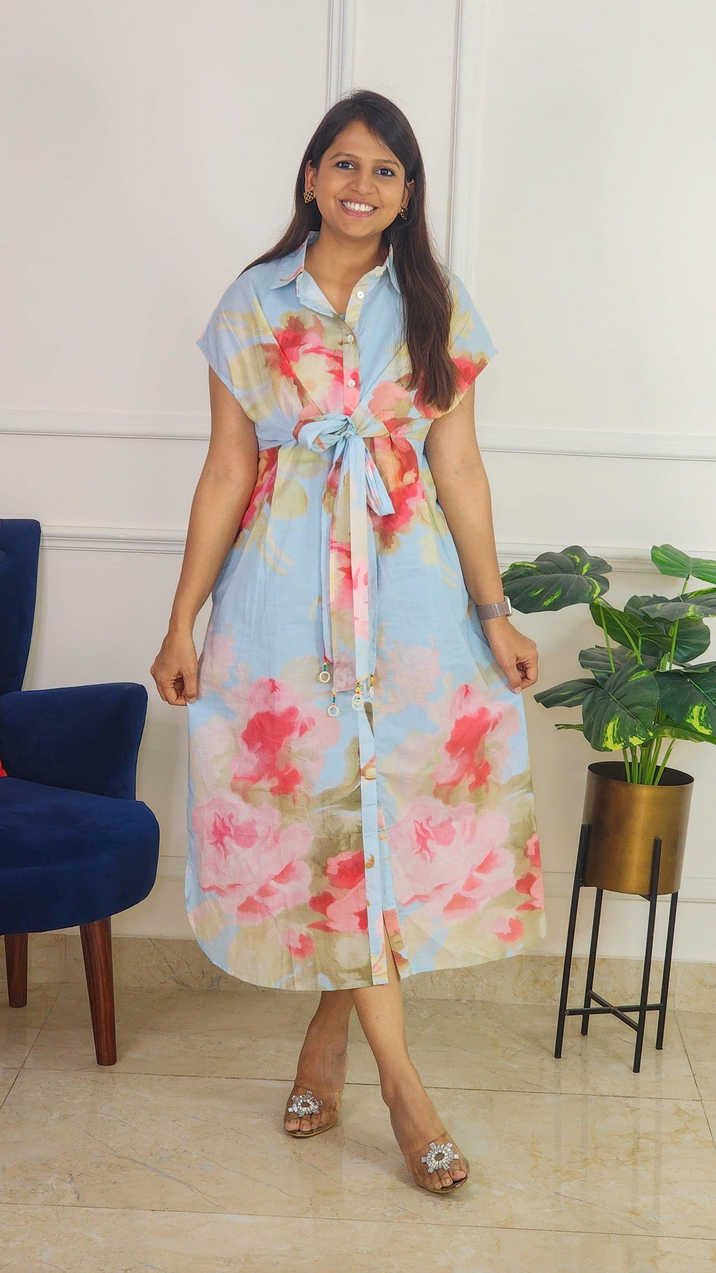 Sky Blue Floral Dress with Centre Tie-up Detailing
