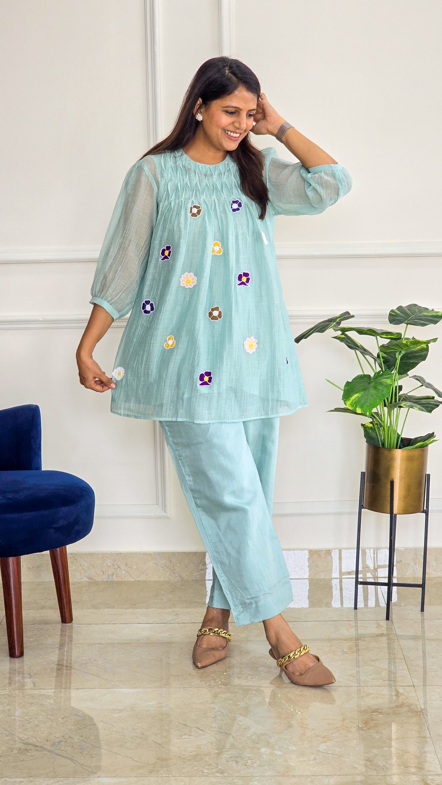 Aqua Blue Mul Chanderi Co Ord Set with Applique And Smock Detailing