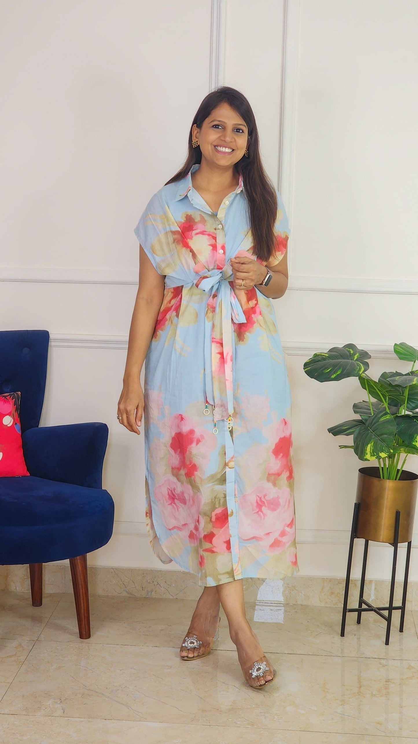 Sky Blue Floral Dress with Centre Tie-up Detailing