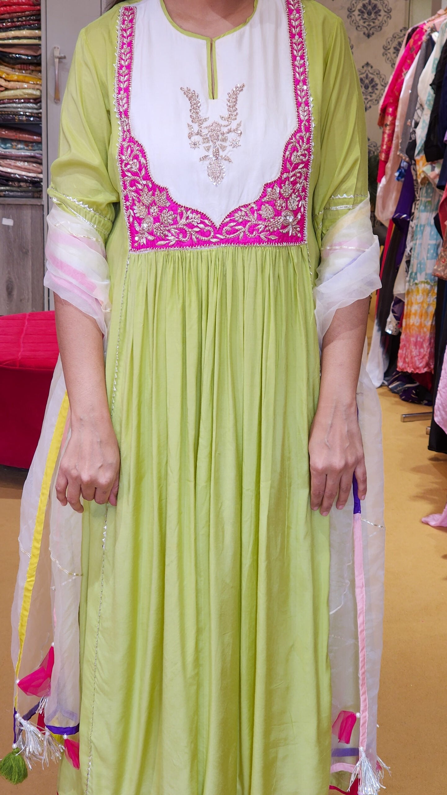 Jhilmil Green Zardosi Hand work Detailing Flare Suit Set
