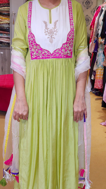 Jhilmil Green Zardosi Hand work Detailing Flare Suit Set