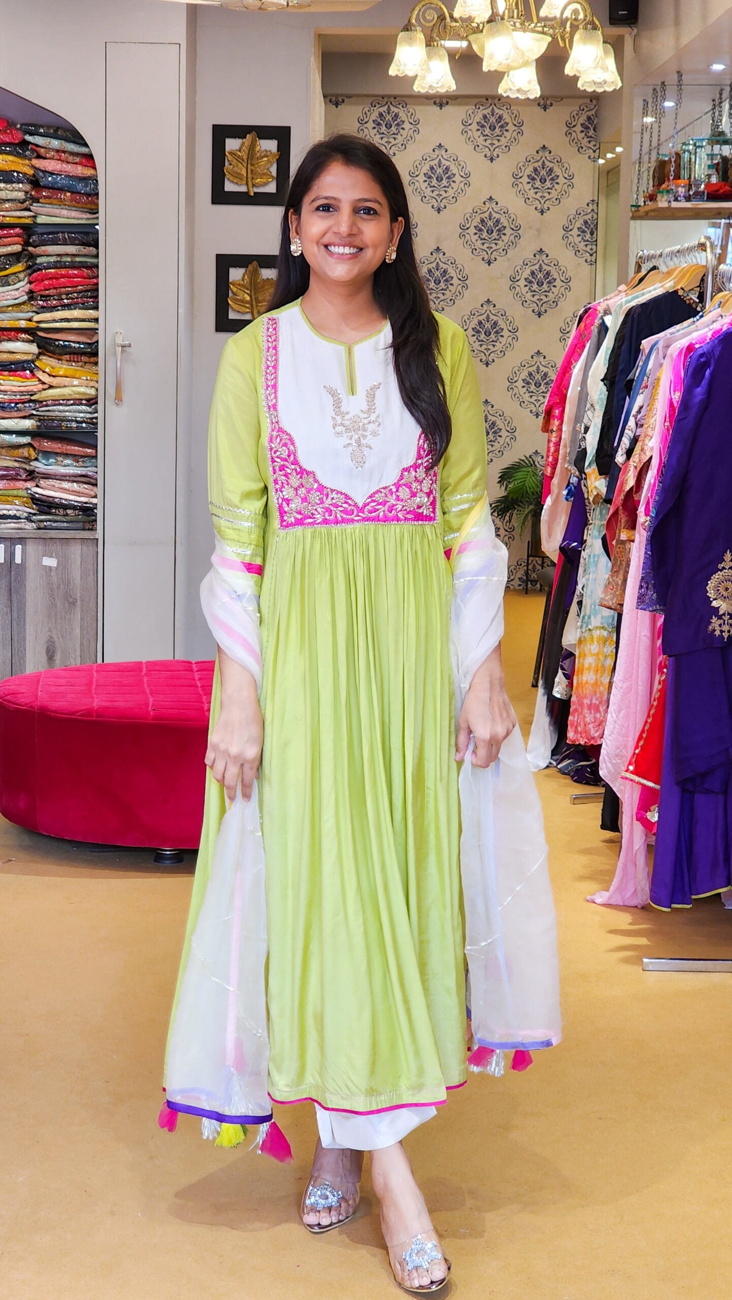 Jhilmil Green Zardosi Hand work Detailing Flare Suit Set
