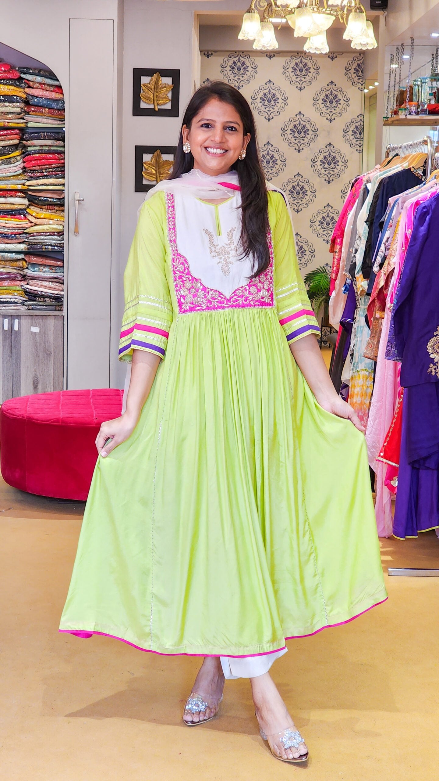 Jhilmil Green Zardosi Hand work Detailing Flare Suit Set