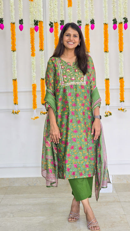 Green Kalamkari Chanderi suit set