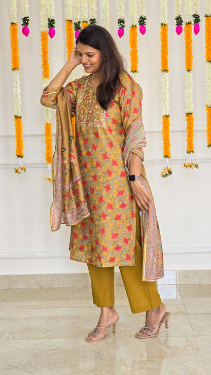 Mustard Yellow Kalamkari Chanderi suit set