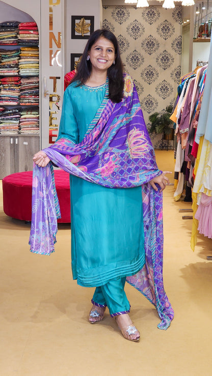 Firozi Kurta and Floral Duppata Set