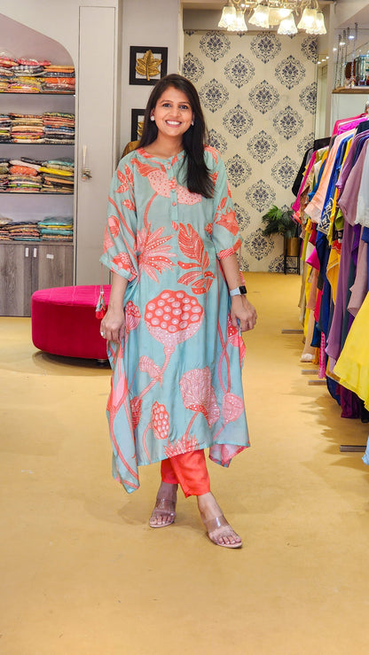 Muslin Floral Blue Kaftan Set