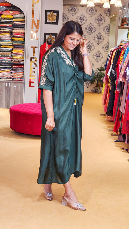 Bottle Green Kaftan With Zardosi Hand Work