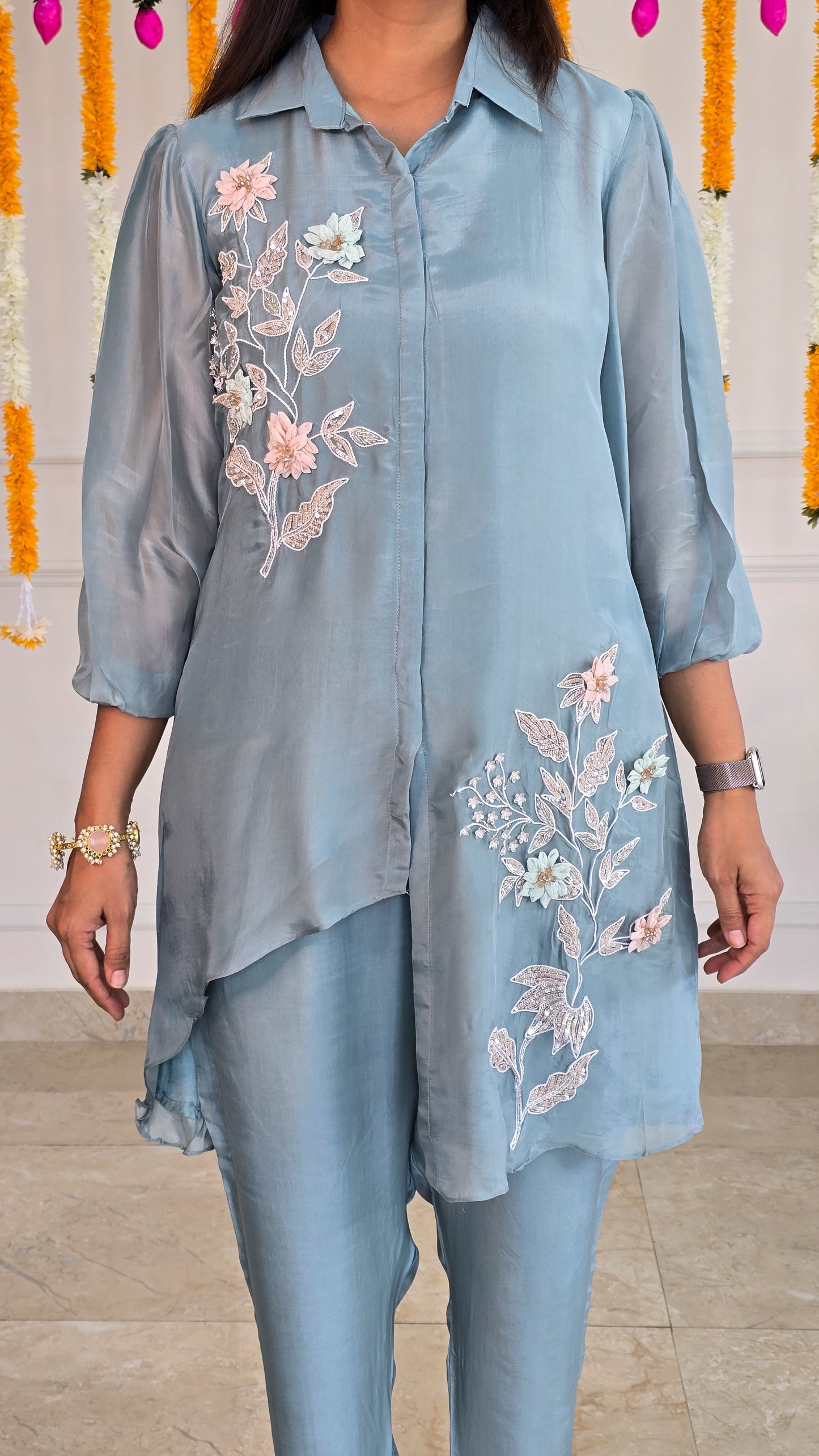 Blue 3D Flower Asymmetrical Co Ord Set