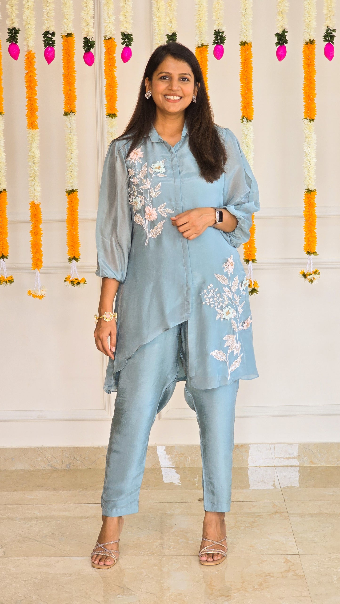 Blue 3D Flower Asymmetrical Co Ord Set