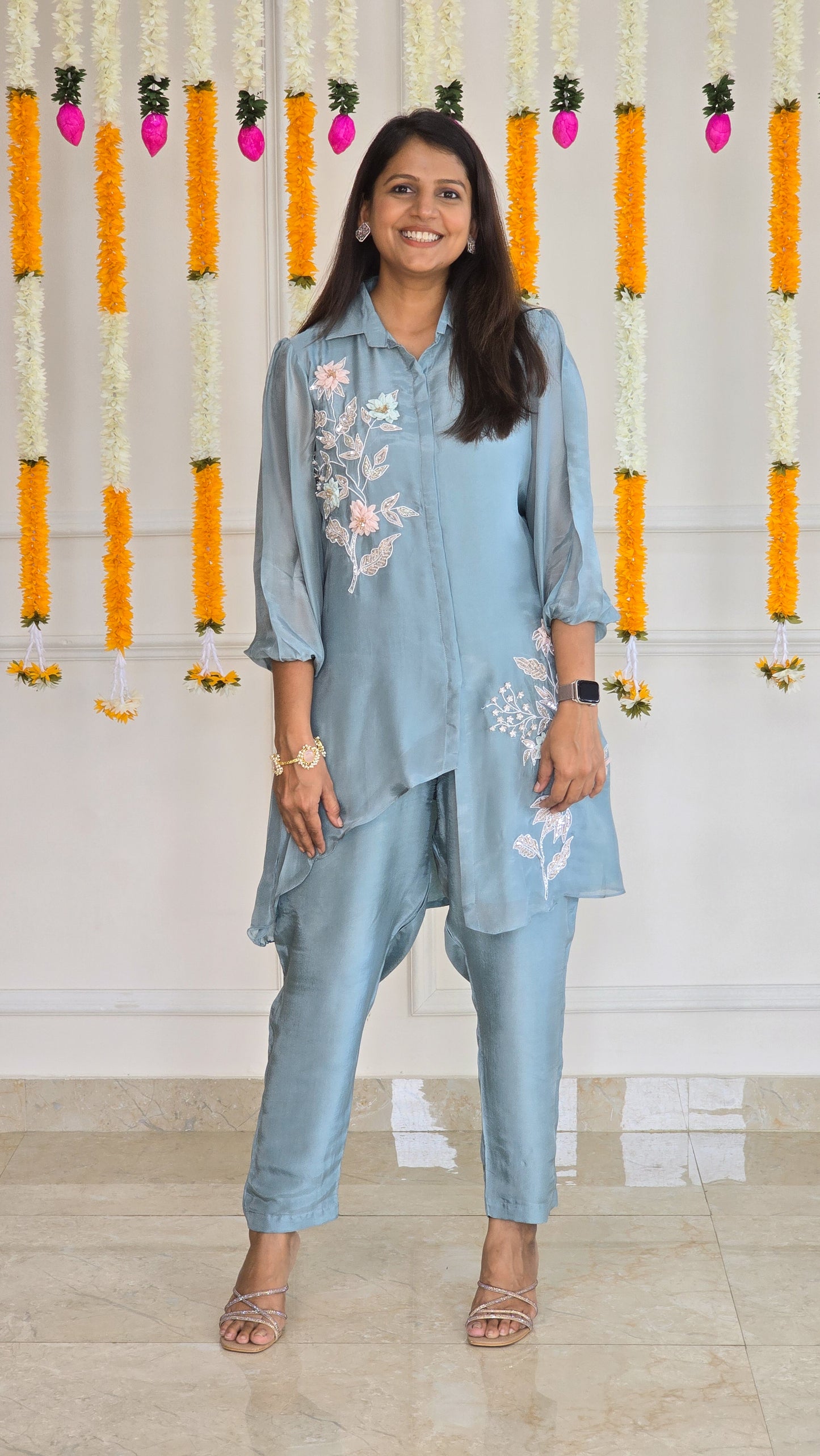 Blue 3D Flower Asymmetrical Co Ord Set