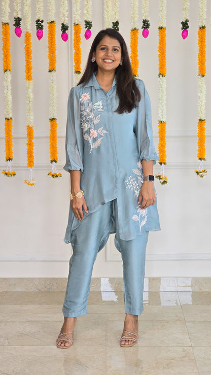 Blue 3D Flower Asymmetrical Co Ord Set