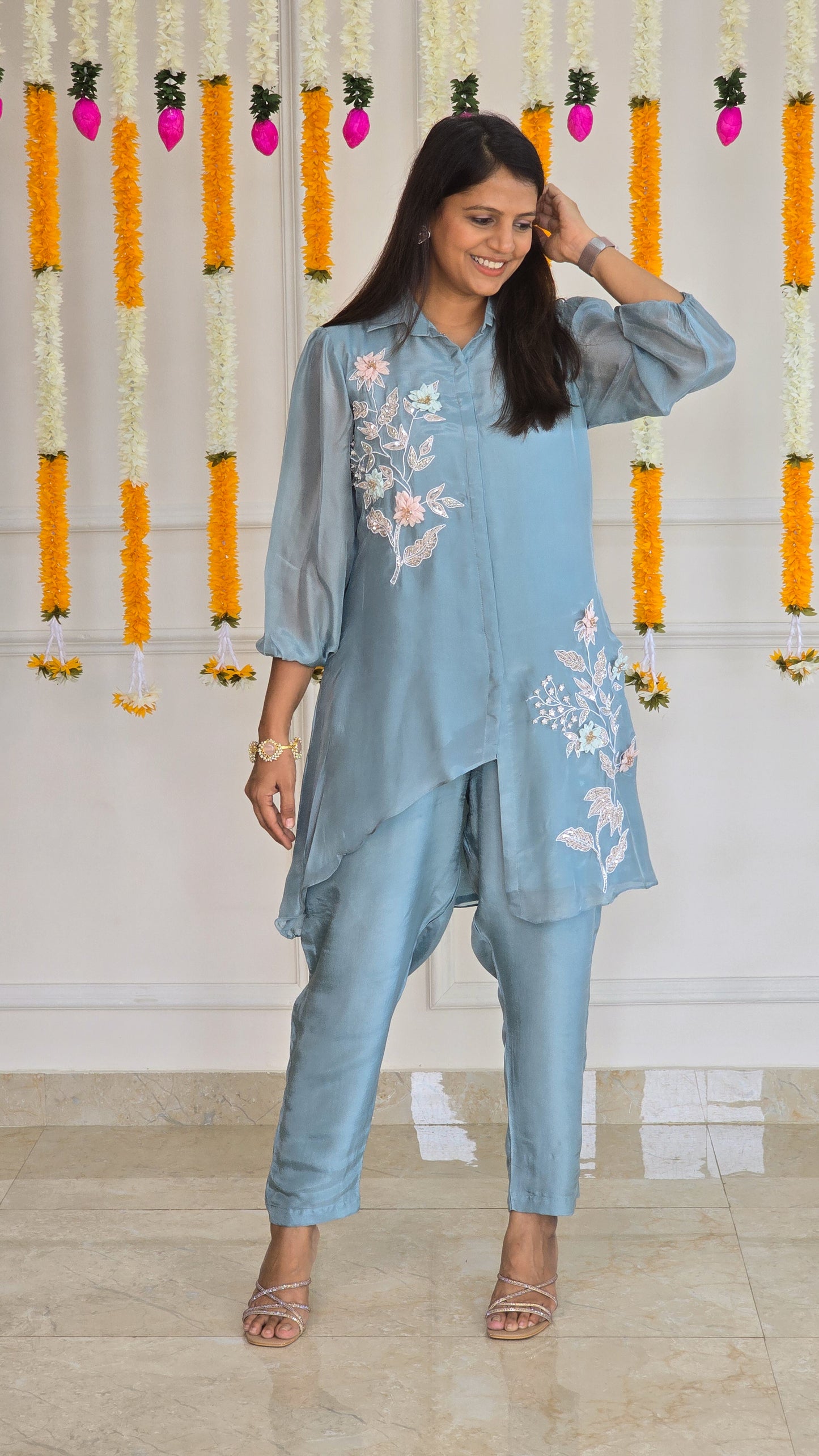 Blue 3D Flower Asymmetrical Co Ord Set