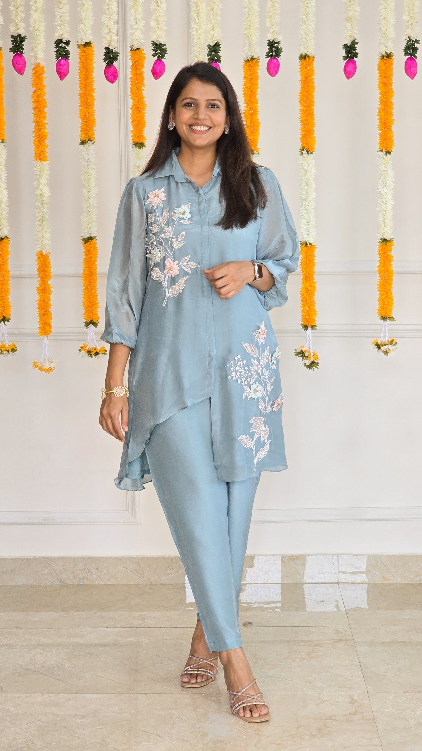 Blue 3D Flower Asymmetrical Co Ord Set