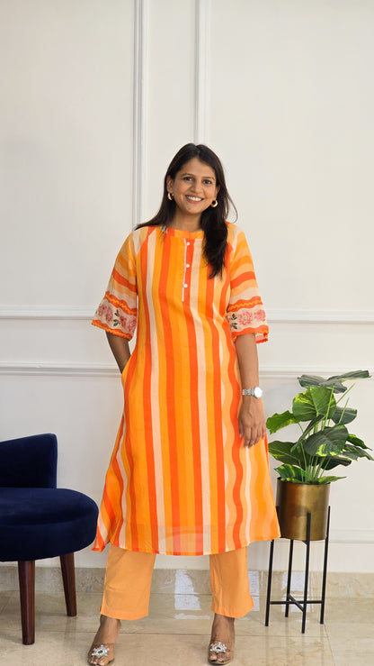 Mul orange stripe kurta set - View 4 - PinkTree by Shrutika