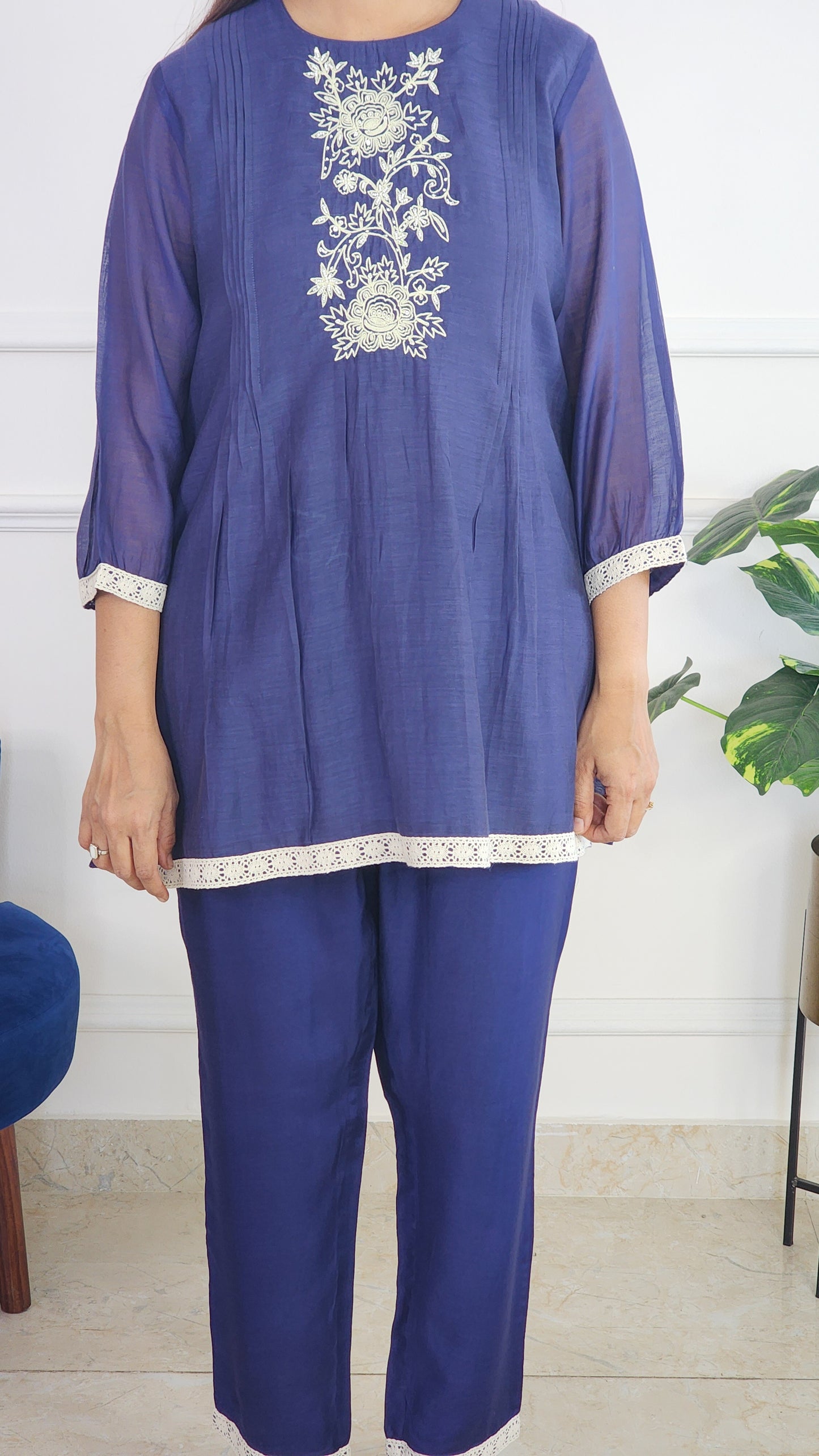 Blue Pleat Poetry Embroidered Co Ord Set