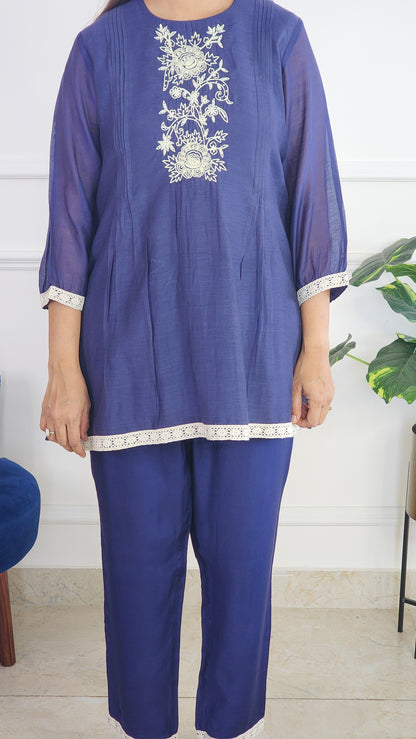 Blue Pleat Poetry Embroidered Co Ord Set