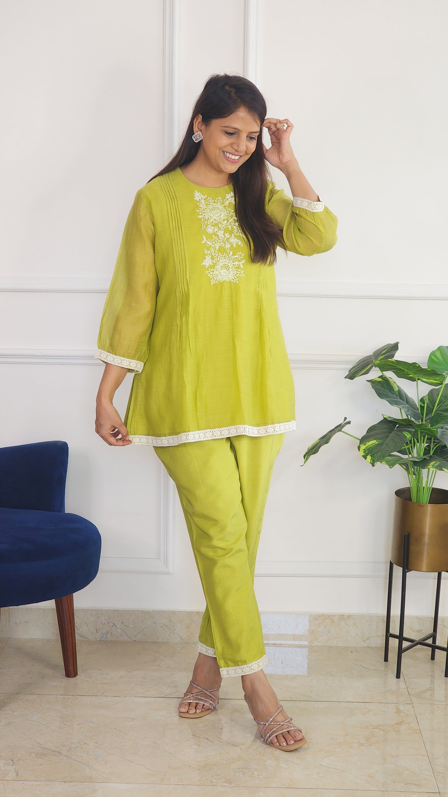 Green Pleat Poetry Embroidered Co Ord Set