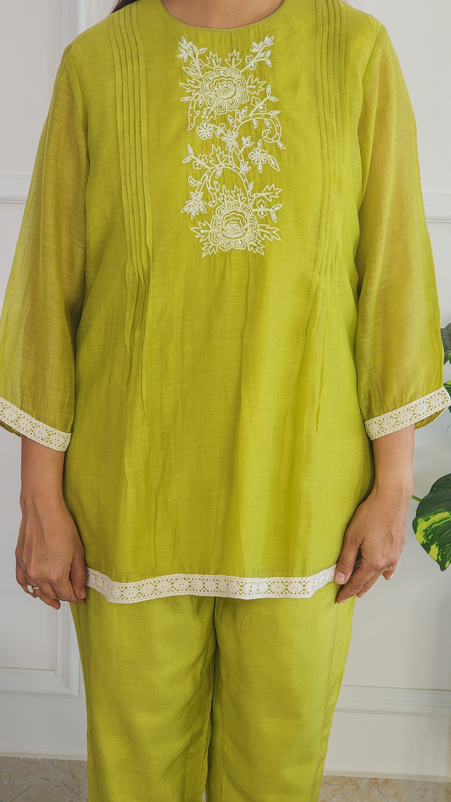 Green Pleat Poetry Embroidered Co Ord Set