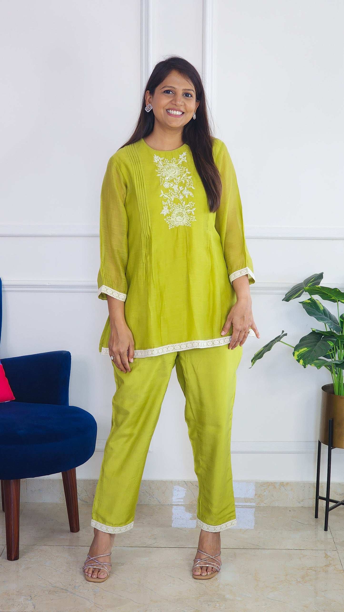 Green Pleat Poetry Embroidered Co Ord Set