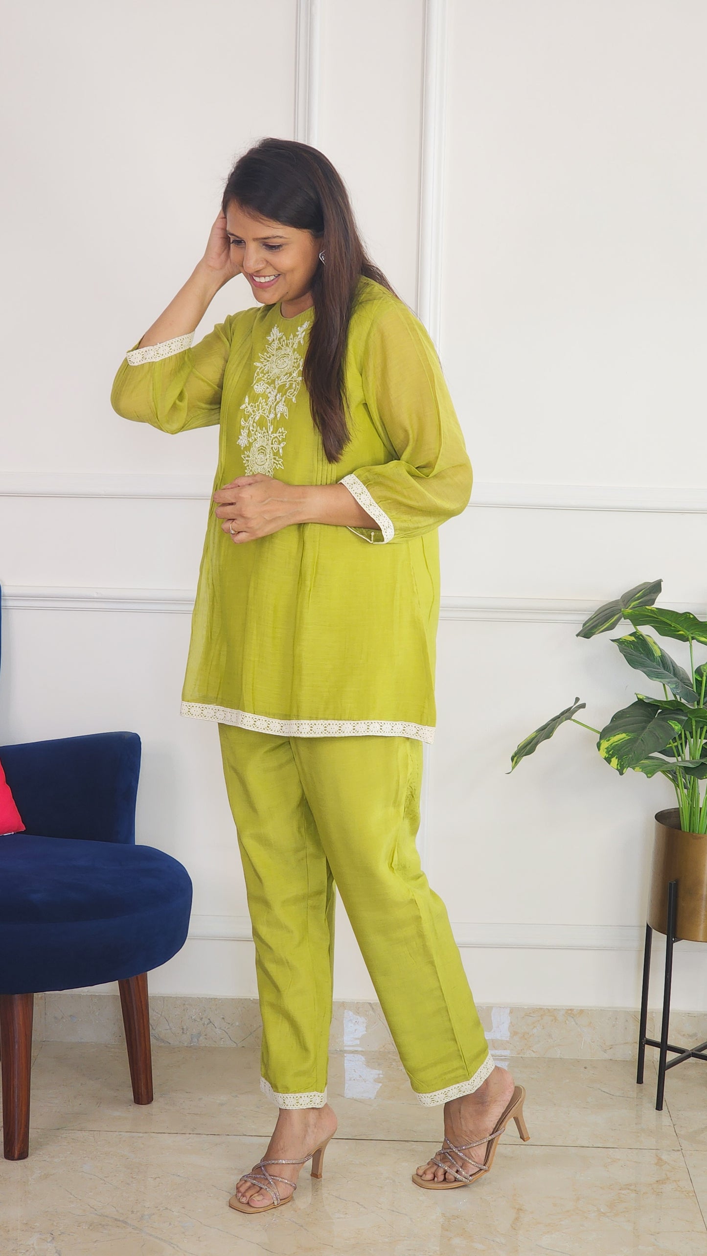 Green Pleat Poetry Embroidered Co Ord Set