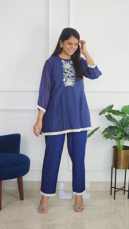 Blue Pleat Poetry Embroidered Co Ord Set