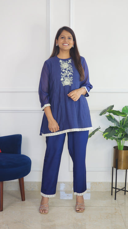 Blue Pleat Poetry Embroidered Co Ord Set