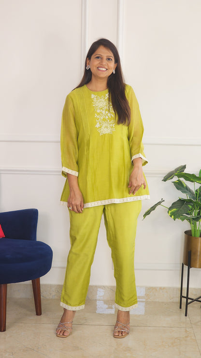 Green Pleat Poetry Embroidered Co Ord Set