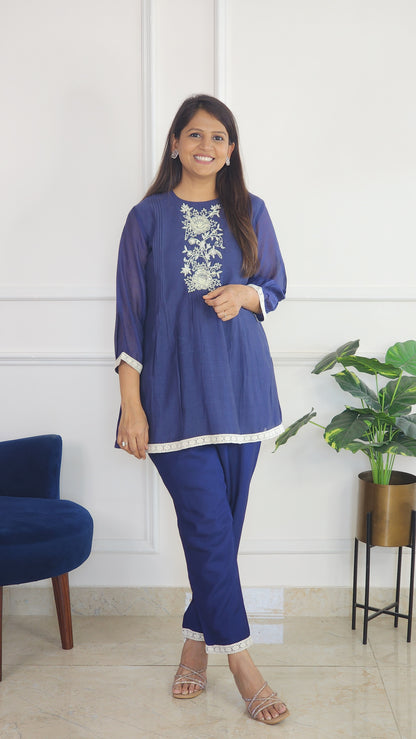 Blue Pleat Poetry Embroidered Co Ord Set