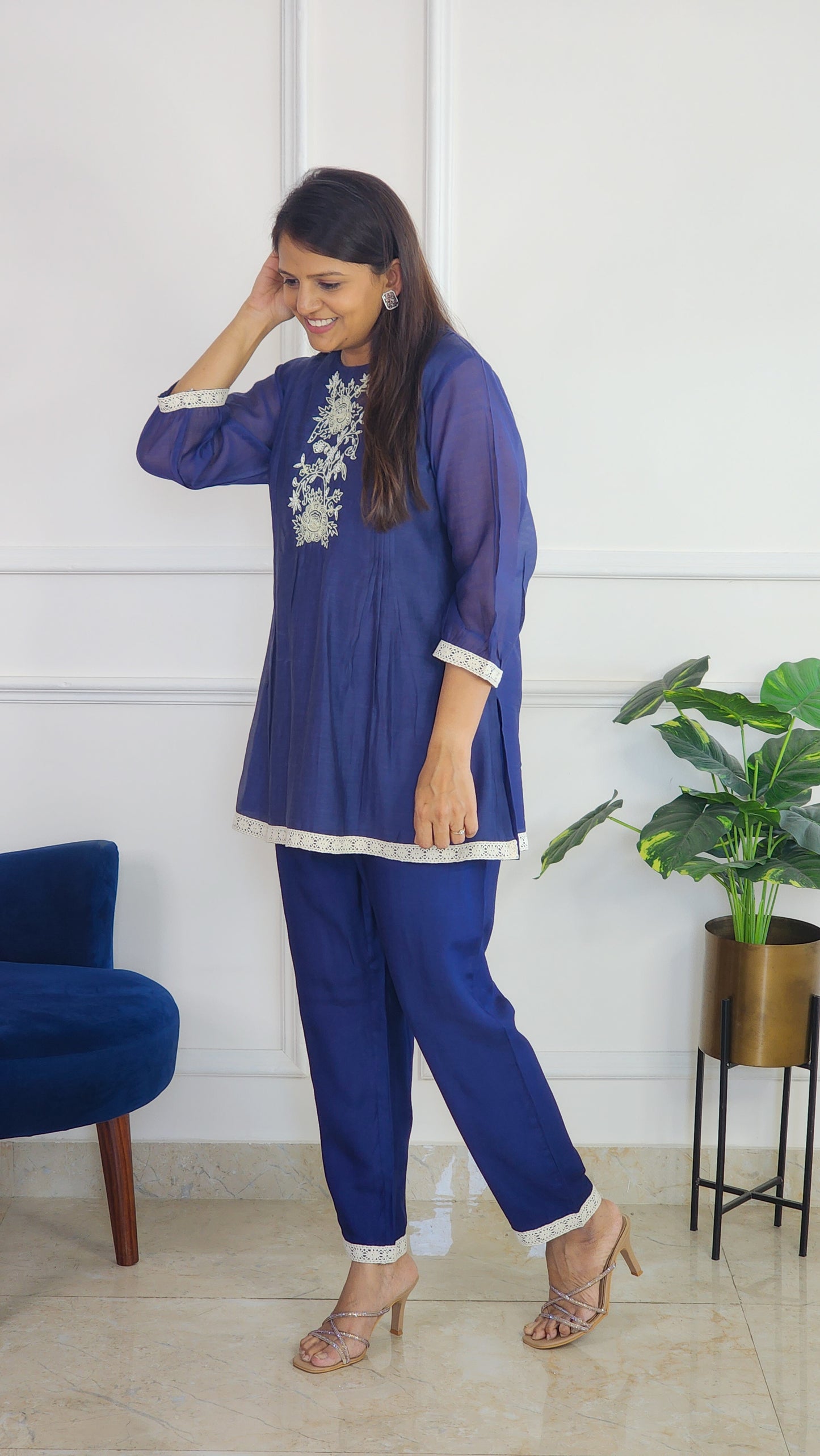 Blue Pleat Poetry Embroidered Co Ord Set