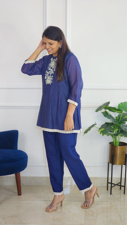 Blue Pleat Poetry Embroidered Co Ord Set